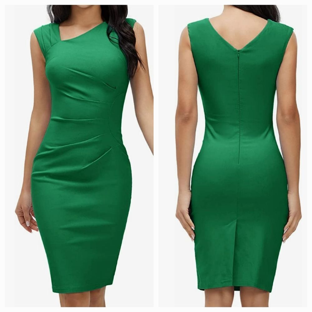 ☔️🩵Green Fitted Asymmetric Neck Bodycon Sleeveless Dress Small